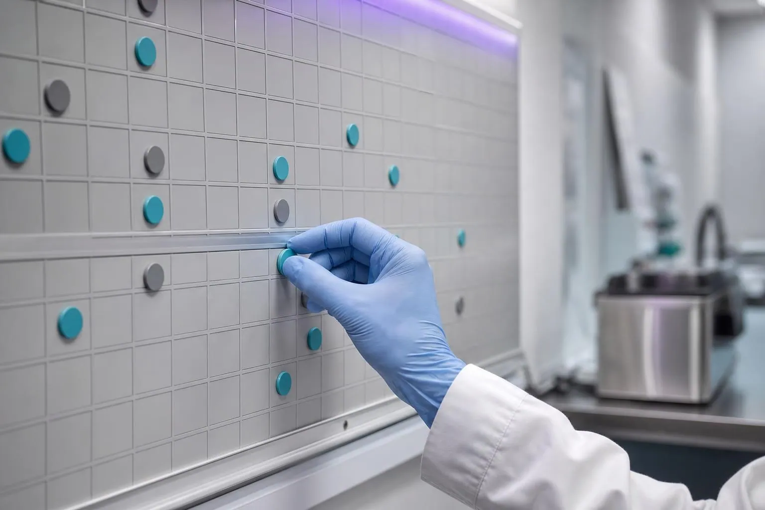 Main gantée posant une pastille adhésive turquoise sur un planning mural quadrillé dans une salle de stérilisation