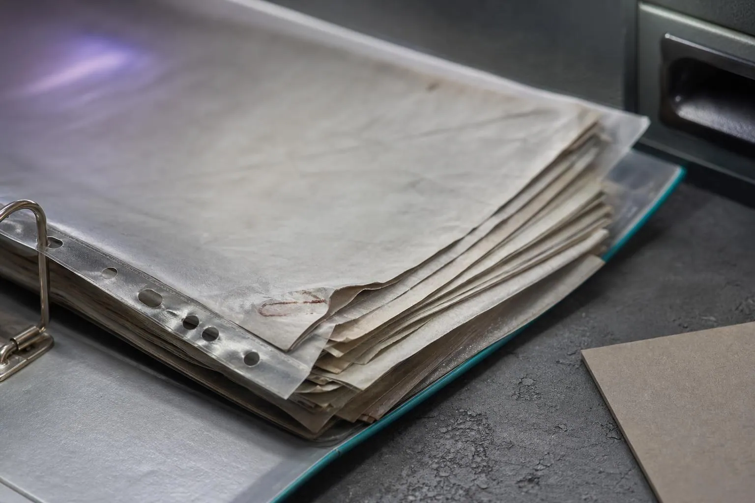 Gros plan sur des bandes de papier thermique décolorées et gondolées, empilées dans une pochette plastique d’un classeur