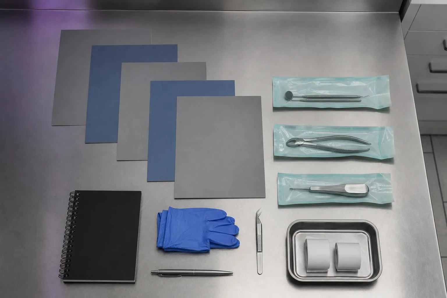 Vue verticale d’une paillasse où sont disposés chemises cartonnées, sachets scellés et carnet, prêts pour un dossier de conformité