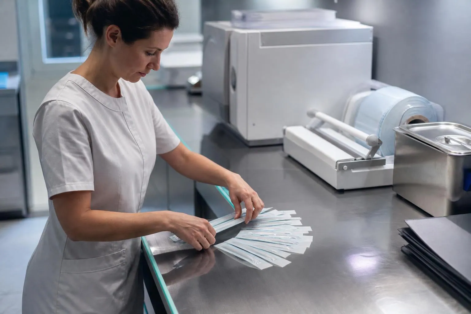 Assistante dentaire triant des bandes de papier thermique étalées en éventail sur la paillasse de stérilisation d’un cabinet