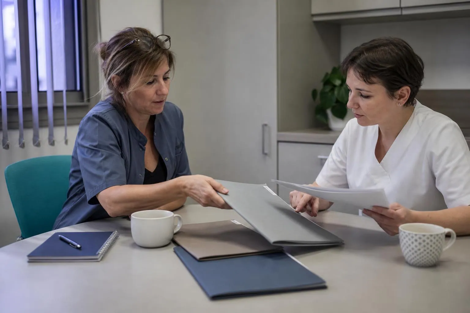 Une chirurgienne dentiste et son assistante préparent un dossier de pièces sur la table de la salle de pause du cabinet