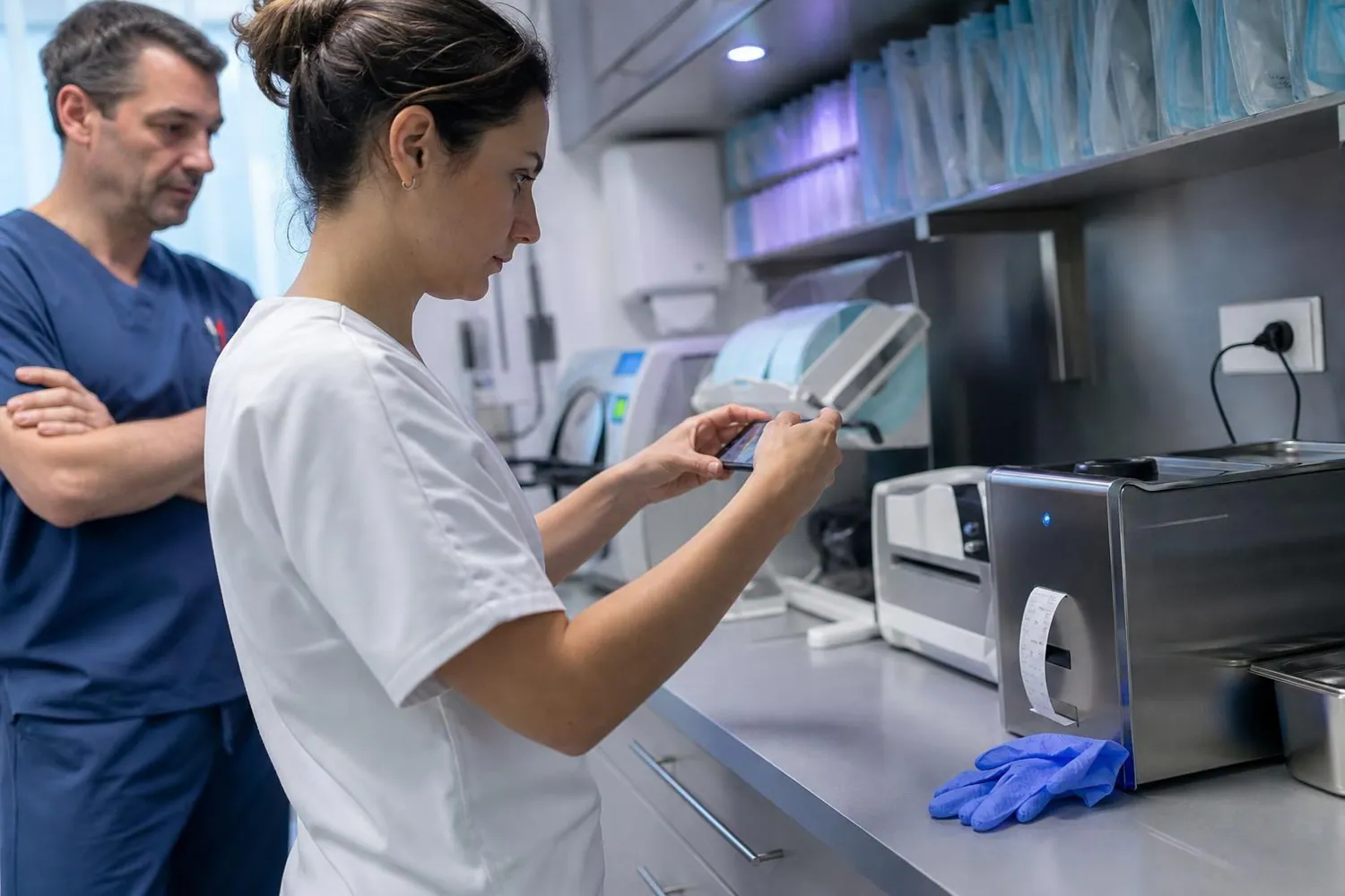 Assistante dentaire et chirurgien dentiste devant la paillasse de stérilisation d'un cabinet, en train de photographier le ticket de fin de cycle de l'autoclave