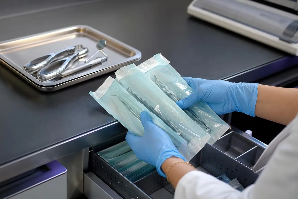 Mains gantées classant des sachets d'instruments scellés dans un tiroir à compartiments d'une zone de conditionnement de cabinet dentaire